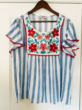Andree Blue Striped Floral Embroidered Blouse Blue White Red Size 1X
